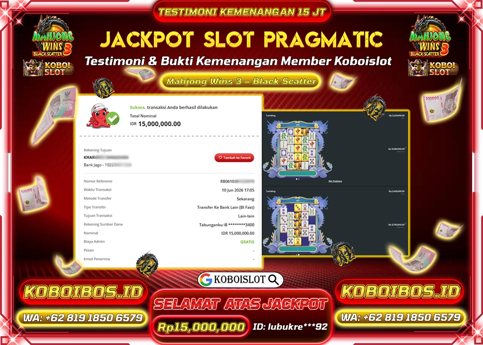 BUKTI KEMENANGAN ID lubukre***92 SLOT GACOR MAHJONG WINS 3 - BLACK SCATTER Rp15.000.000,- LUNAS